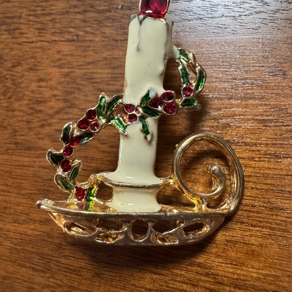 Mid Century Candle Brooch with Red and Green Accents